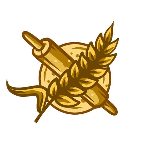 Logo of the bakery. Golden ear of wheat and rolling pin. Preparation of dough and bread. Old retro emblem.のイラスト素材