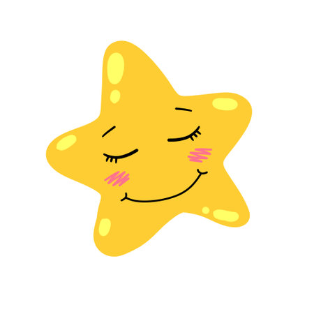Cute star. Element of night and nature. Yellow object. Cartoon illustration. Children drawing. Space star with fun faceのイラスト素材
