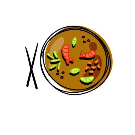Tom yam. Sour and spicy soup with shrimps. Asian and Thai food. Sketch cartoon illustrationのイラスト素材