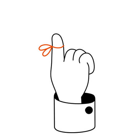 Reminder on finger. Red string around the forefinger. Sketch doodle outline black and white cartoon isolated on whiteのイラスト素材