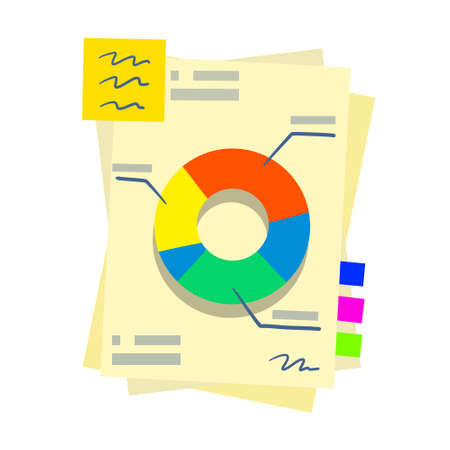 Business infographics on piece of paper. Statistics and data analysis. Information in sheet. Flat cartoon isolated on white. Pie graph in documentのイラスト素材