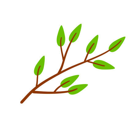 Branch with green leaves. Plant design. Element of wood and nature. Flat simple illustrationのイラスト素材