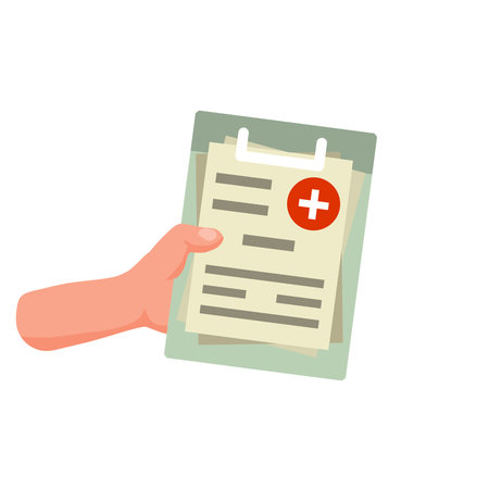 Hand hold medical pad. Diagnostics and analysis. Paper file document. Flat cartoon illustrationのイラスト素材