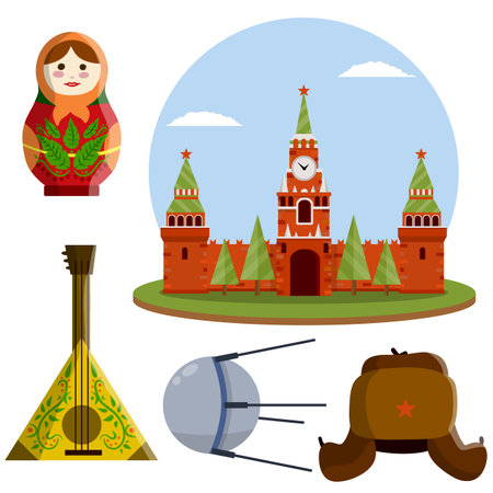 Moscow kremlin. Set symbol-Hat with a star, doll matryoshka. Flat cartoon illustration. Tourist trip to red square, space satellite, balalaika guitarのイラスト素材