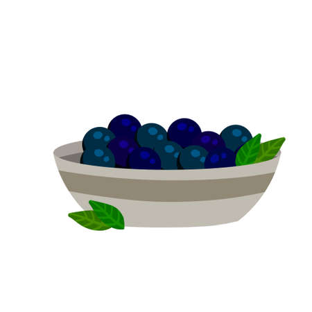 Acai berries in plate. Black fruit. Detox and antioxidant. Healthy diet and super food in bowl. Flat cartoon illustration isolated on whiteのイラスト素材
