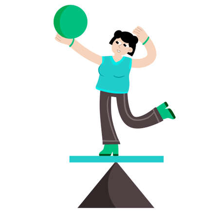 Woman balancing on geometric figure. Concept of problem solving and multitasking. Circus and yoga. Flat cartoon illustration. Balance in lifeのイラスト素材