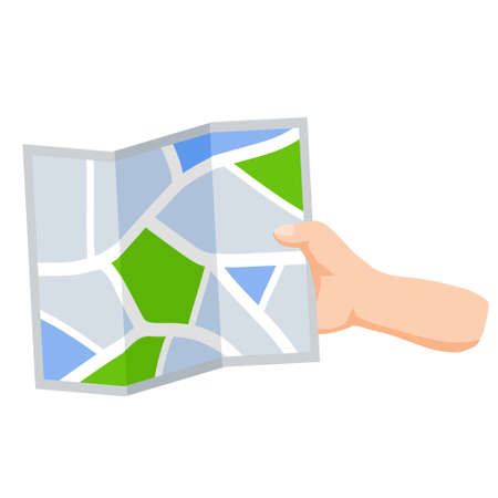 City map in hand. Navigation and route search. Tourism and travel. Paper map of City streets. Flat cartoonのイラスト素材