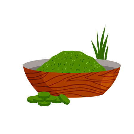 Spirulina in bowl. Green seaweed on plate. Healthy food in powder. Ingredient for cooking. Flat cartoonのイラスト素材