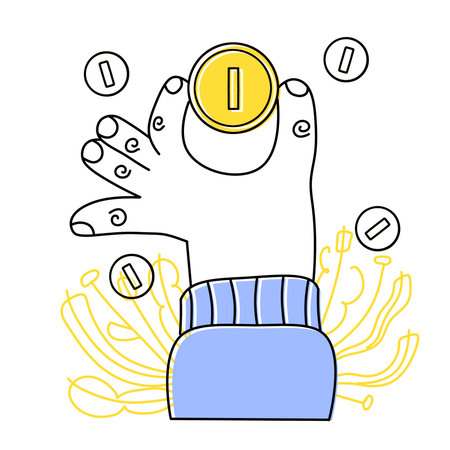 Hand hold coin. Saving money. Payment for products and sponsorship. Modern trendy flat cartoon illustrationのイラスト素材