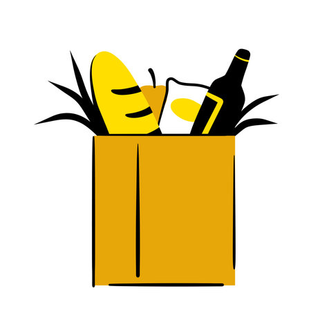 Bag with groceries. Bread, wine and vegetables in paper packaging from the supermarket. Shopping bag. Outline trendy cartoonのイラスト素材