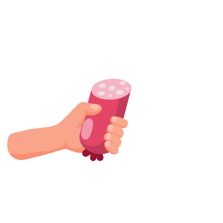 Hand hold sausage. Man offers food. Meat products. Flat cartoon illustration isolated on whiteのイラスト素材