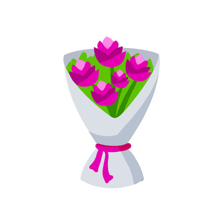 Bouquet of flowers. Wedding and holiday gift. Pink buds in beautiful wrapper with bow. Flat cartoon illustrationのイラスト素材