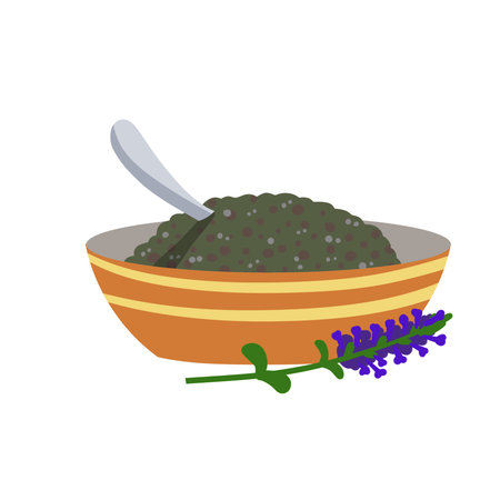 Chia seeds in plate. Detox and antioxidant. Flat cartoon. Healthy diet and super food in bowlのイラスト素材