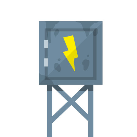 Switchboard. High voltage sensor. Technical industrial appliance. Danger sign - yellow lightning. Current switch. Cartoon flat illustration. Fuse and electrical engineering. Electrical wires in box