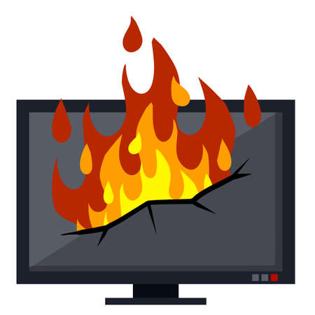 Set of home electrical appliances. Broken TV. Damaged device. Fire safety.のイラスト素材