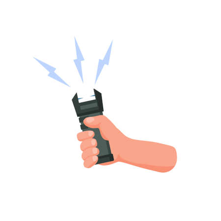 Hand hold electric shocker. Self-defense and a stun gun. A taser with sparks. Flat cartoon illustrationのイラスト素材