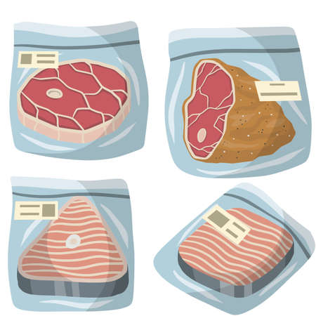 Packaging of frozen red meat. Fish and ham in bag. Cartoon flat illustration. Set of supermarket products. Cold objectのイラスト素材