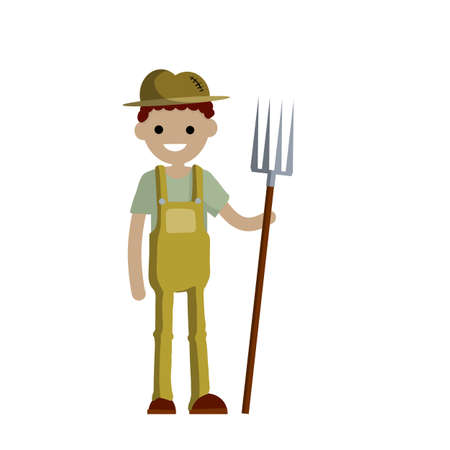Man farmer in overalls with fork in hands. Rural type of work. Production of natural food in the village. Guy in hat with tools. Cartoon flat illustrationのイラスト素材