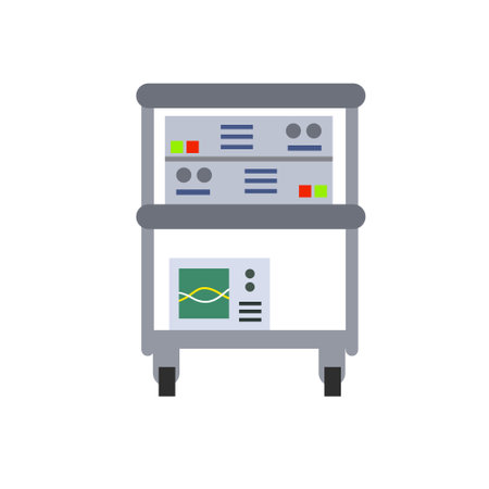 Technical equipment and device. Table with sensors and electronics for scientific work. Laboratory and appliance decorations. Oscilloscope for measuring parameters.のイラスト素材