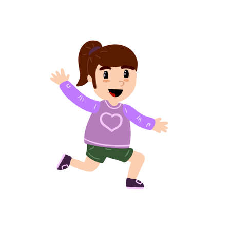 Little girl run. Happy child. Cute Character in pink clothes. Activity and joy. Waving arms. Flat cartoon illustrationのイラスト素材
