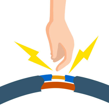 Electric shock and short circuit. Safety precautions. Hand touches bare wire. High voltage. Dangerous situation. Damaged Electrical wire. Spark in outletのイラスト素材