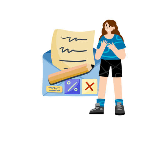 Letter with envelope and people. Young woman Sending Mail and document sheet. Business page and pencil. Chat with messages. Flat cartoonのイラスト素材