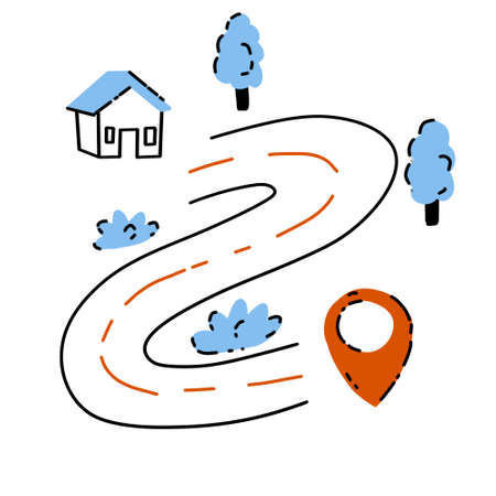 Navigation map. Route from point to house. Delivery and way. Hand-drawn Street of city. Doodle outline trendy cartoonのイラスト素材