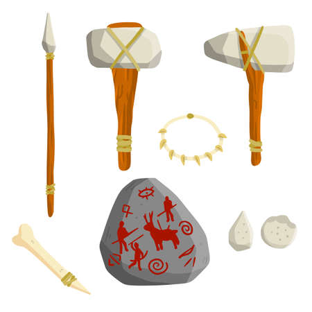 Items of stone-age man. Caveman weapons for hunting and life. Axe, hammer, spear, bone. Prehistoric set of a wild tribe. Cartoon flat illustrationのイラスト素材