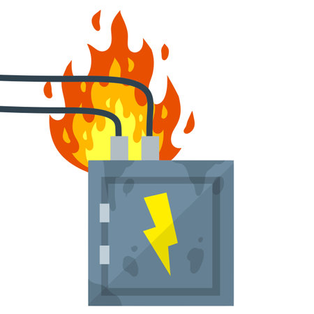 Damaged Switchboard. Cartoon flat illustration. Fuse and electrical engineering. Danger situation - fire. High voltage sensor. Electrical wires in box. Technical industrial applianceのイラスト素材