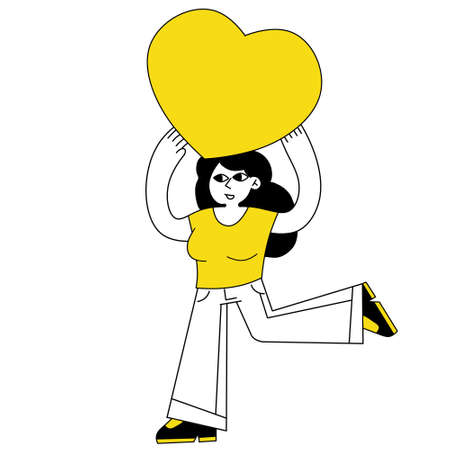 Woman run with big heart. Young female character. Romance and love. girl with a cute gift.のイラスト素材