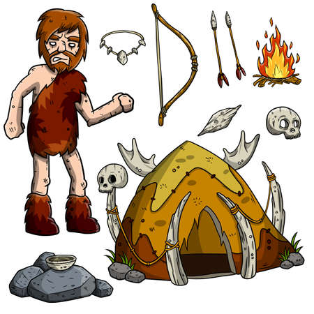 Primitive caveman. Prehistoric hunter. Stone age. Set of cartoon objectのイラスト素材