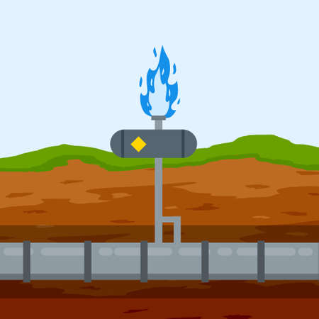 Gas pipeline and equipment. Gasmain with blue fire. Industrial transportation of gas in pipe underground. Cross-sectional view. Flat infographicsのイラスト素材