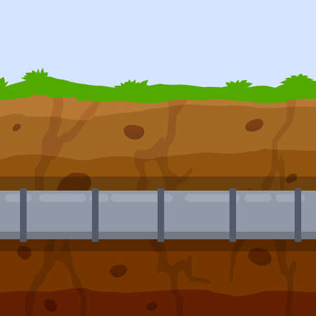Underground pipeline. Sewer and water supply pipe. Sewage system. Oil pipeline in ground. Nature and soil. Flat illustrationのイラスト素材