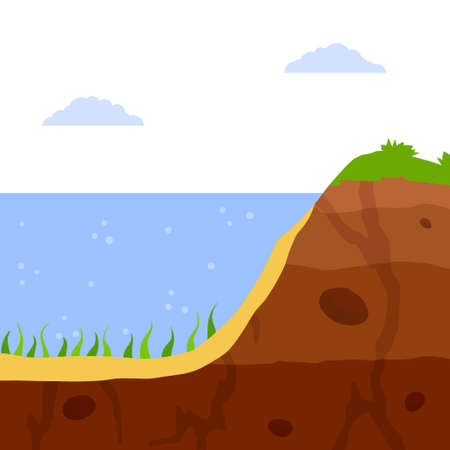 Water shore. Land in cross section. Coast of pond and bottom of lake. Ecology and geology. Flat cartoon illustrationのイラスト素材