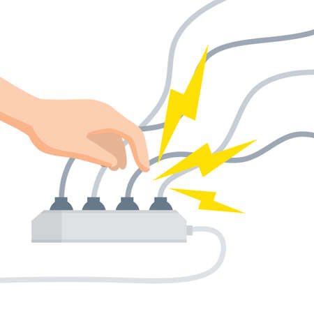 Electric shock and short circuit. Safety precautions. Hand touches broken socket. High voltage. Dangerous situation. Damaged Electrical wireのイラスト素材