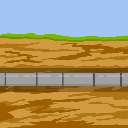Underground pipeline. Sewer and water supply pipe. Sewage system. Oil pipeline in ground. Nature and soil. Flat illustrationのイラスト素材