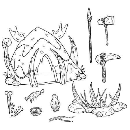 Set of primitive man items. Hut made of skins and bones, club, stone hammer and axe, spear for hunting. Mammoth trap. Drawn Sketch cartoon illustrationのイラスト素材
