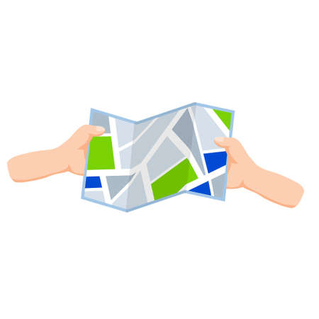 City map in hand. Navigation and route search. Tourism and travel. Paper map of City streets. Flat cartoonのイラスト素材