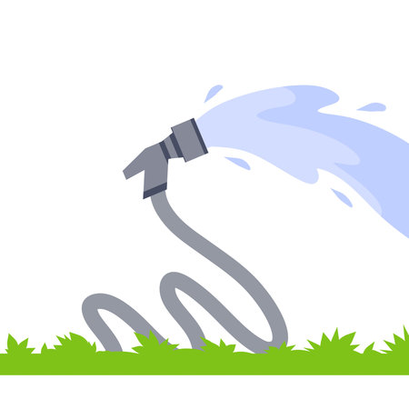 Hose. Jet of water. Grey tube. Green lawn and grass. Flat cartoon illustration. Fire fighting and watering of lawnのイラスト素材