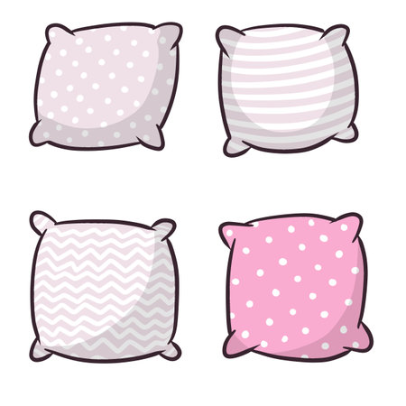 Set of pillows. Large and small object. Cartoon flat illustration. Soft colored pink cushion. Element of bedroom and bed for sleepのイラスト素材