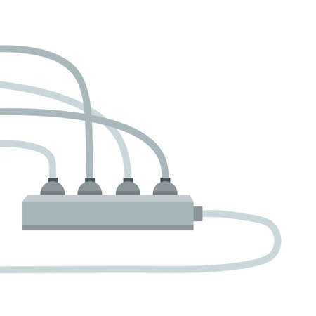 Many outlets to plug with wires. load on system. Cartoon flat illustration. Household appliance at home. High voltage and current. Electrical socketのイラスト素材