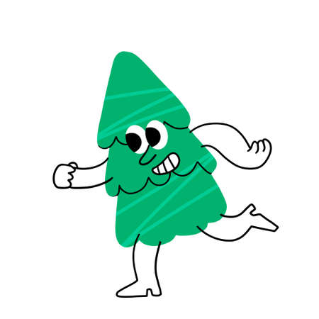 Christmas tree. Smiling character. Fabulous winter green plant with arms and legs enjoying holidayのイラスト素材
