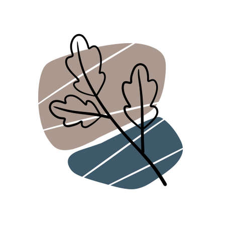 Plant on background of colored spots. Black botanical oak branch and blue geometric abstract pattern in a minimalist style. Line Doodle objectのイラスト素材
