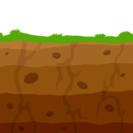 Land in the section. Underground background. Geological layer. Archaeological scenery. Brown ground. Dirt clay and green grass. Vector cartoonのイラスト素材