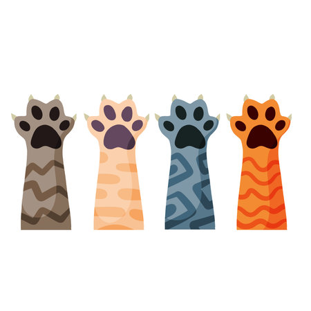 Set of different paw. Cat hands of different colors. Collection of breeds of Pets. Spots and stripes. Cartoon flat illustration. White, black, red, grey animal with furのイラスト素材