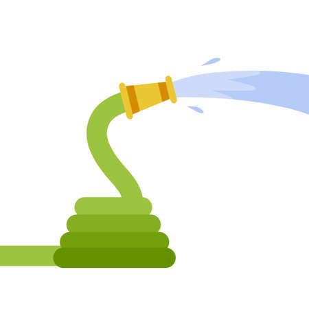 Hose. Jet of water. Fire fighting and watering of lawn. Green tube. Flat cartoon illustrationのイラスト素材