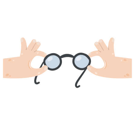 Hand hold eyeglasses. vision problems. myopia disease. Shortsightedness concept. Modern trendy flat cartoon. optical glasses. Poor vision.のイラスト素材
