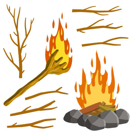 Fire and torch. Set of tree branches. Burning sticks.のイラスト素材
