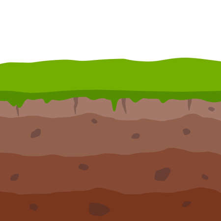 Land in the section. Archaeological scenery. Brown ground. Dirt clay and green grass. Vector cartoon. Underground background. Geological layerのイラスト素材