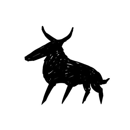Primitive art. Silhouette of deer or bull. Stone Age tribal mural printのイラスト素材